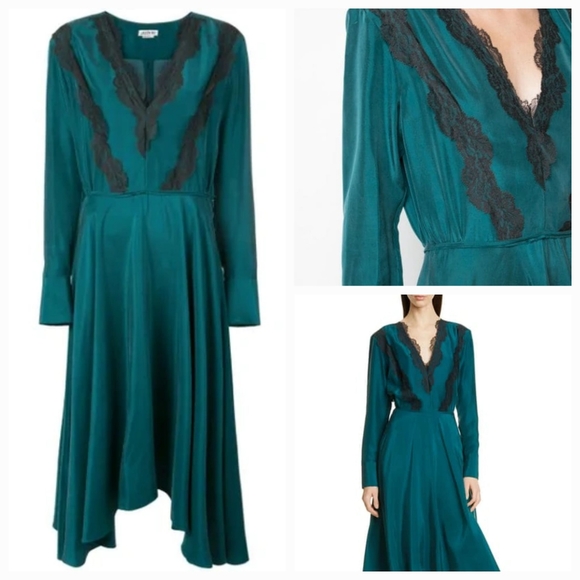 JASON WU Floral Lace Trim Long Sleeve Silk Dress In Green Women's Size 10 - Picture 2 of 4